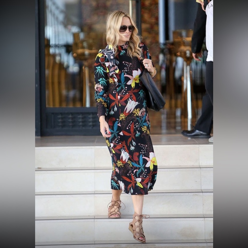 H&M Floral High Neck Ruffle Midi Dress